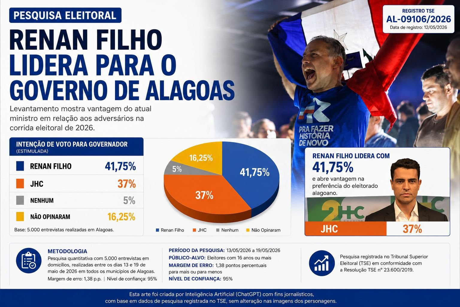 NA LIDERANÇA – Com 41,75%, Renan Filho ultrapassa JHC em pesquisa, após início da pré-campanha