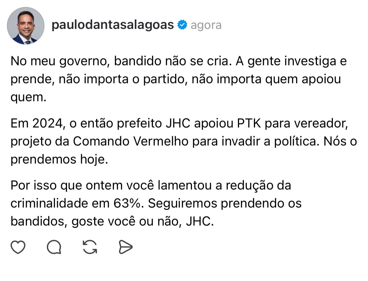 Paulo Dantas rebate críticas e expõe antigo apoio de JHC a pré-candidato preso: “Bandido não se cria”