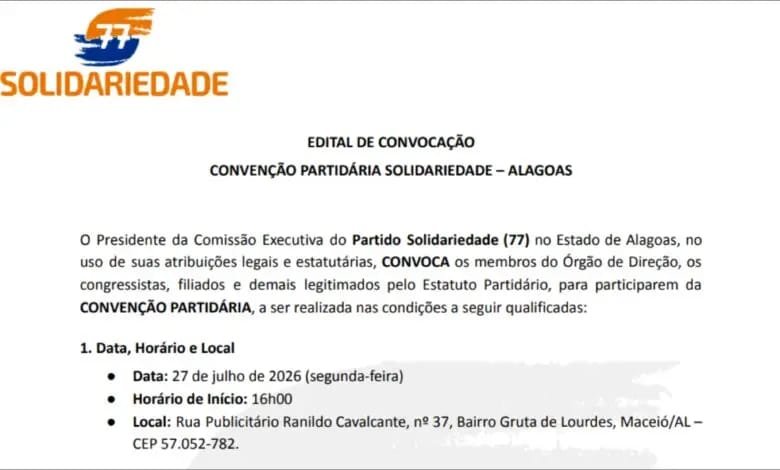 CONVITE – Solidariedade convoca convenção estadual em Maceió para homologar candidaturas e definir coligações em Alagoas CONVITE – Solidariedade convoca convenção estadual em Maceió para homologar candidaturas e definir coligações em Alagoas