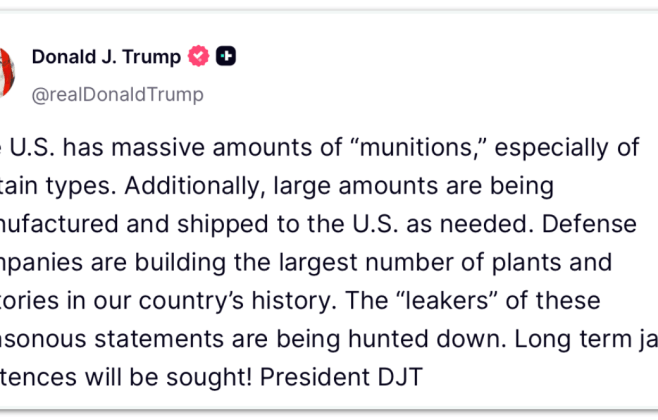 Trump rejeita alegações sobre falta de munições nos EUA